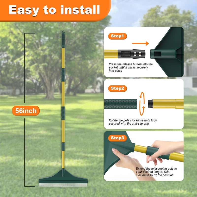 GARDTEC Artificial Turf Rake with Steel Telescopic Handle, 32 to 55 Inch 3 Piece-Pole Easy Storage Design, Garden Hand Boom Rake for Artificial Grass, Carpet Pet Hair, Lawn Leaves and Debris Remove, Yellow - Image 5